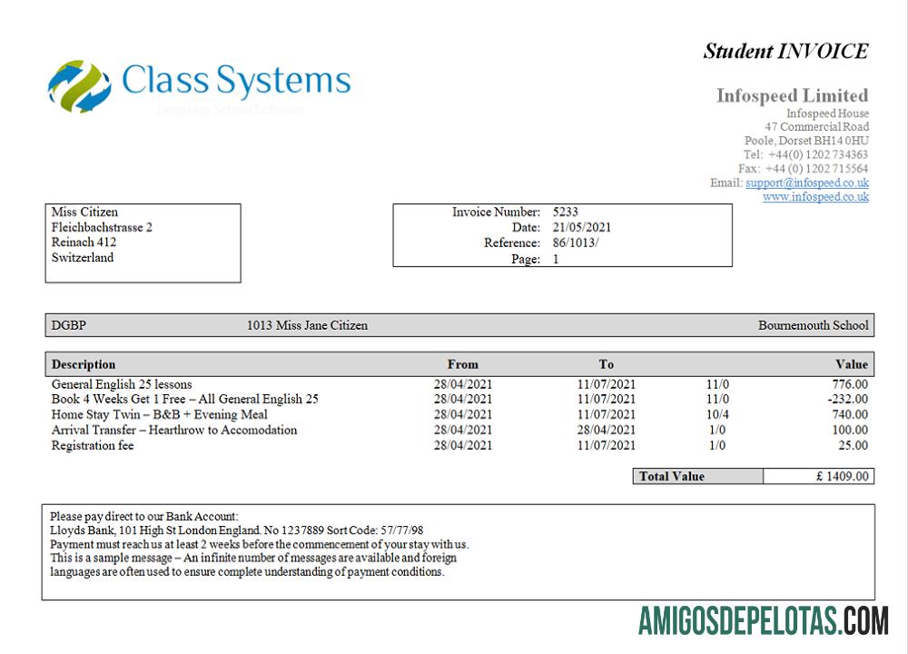 Fatura do sistema de classes da Suíça amostra